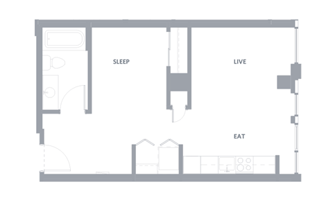 Floor plan for 1 bed, 1 bath, 523 sqft